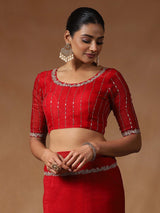 Women's Tissue Red Embellished Designer Saree with Blouse Piece
