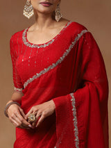Women's Tissue Red Embellished Designer Saree with Blouse Piece