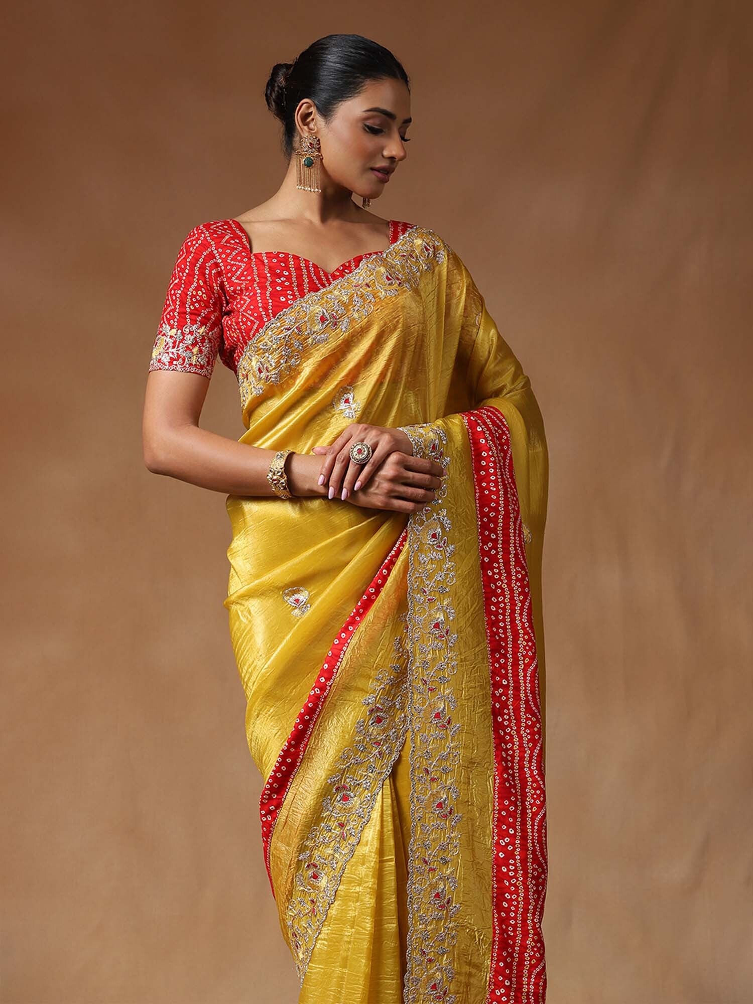 Women's Tissue Yellow Embellished Designer Saree with Blouse Piece
