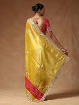 Women's Tissue Yellow Embellished Designer Saree with Blouse Piece