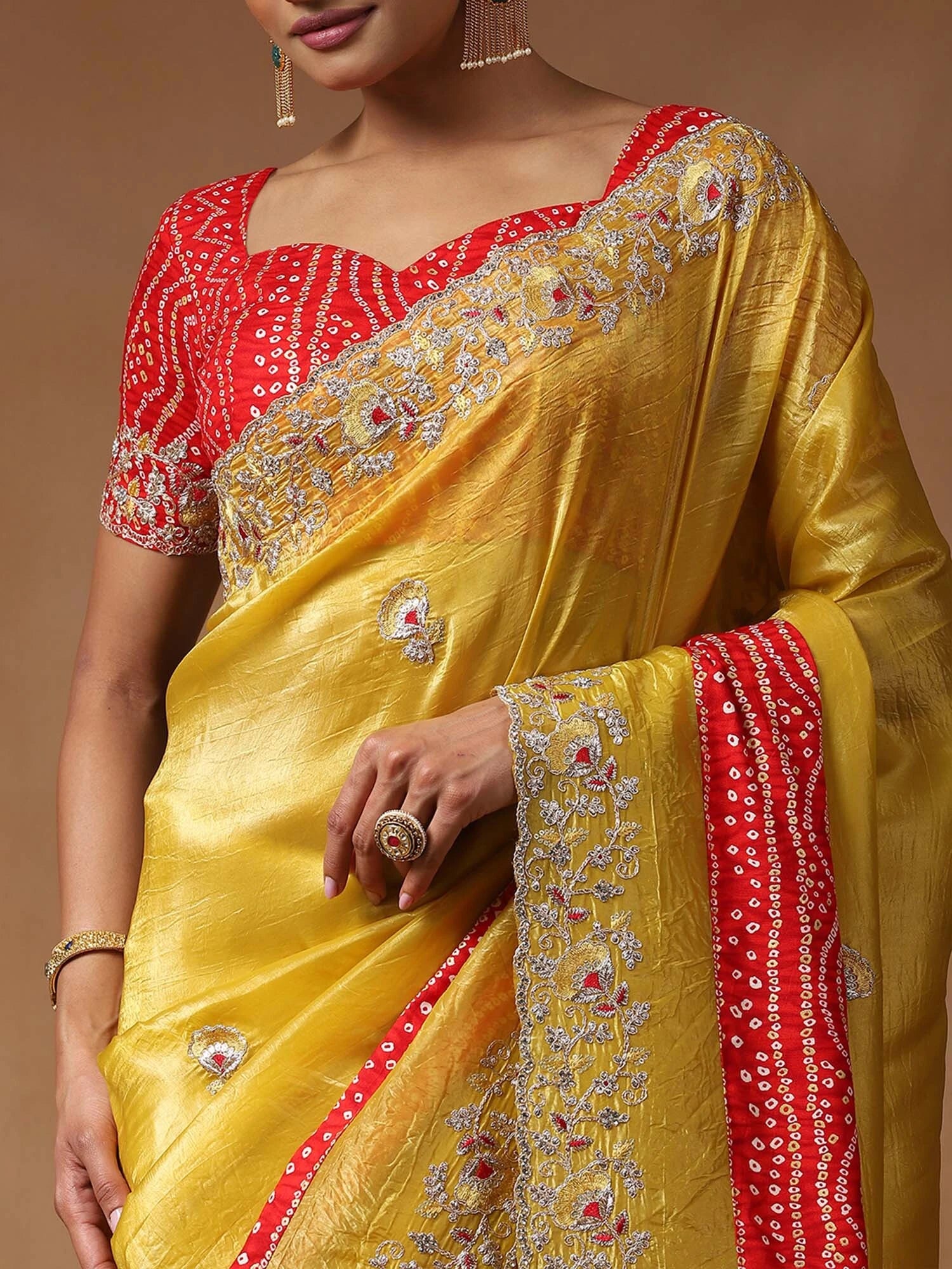 Women's Tissue Yellow Embellished Designer Saree with Blouse Piece