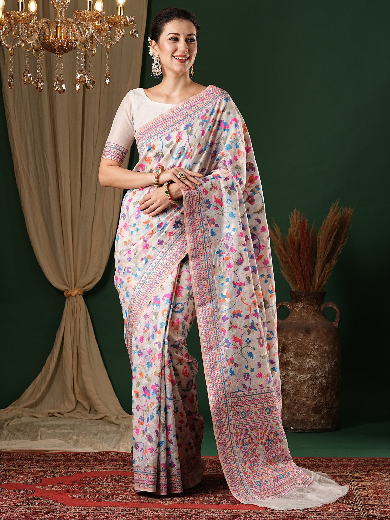 Women's Silk Cotton White Woven Design Celebrity Saree with Blouse Piece