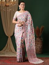 Women's Silk Cotton White Woven Design Celebrity Saree with Blouse Piece