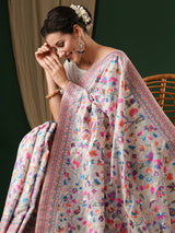 Women's Silk Cotton White Woven Design Celebrity Saree with Blouse Piece