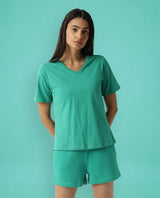 Women's Arvi Green Cotton Blend Fabric Regular Fit Half Sleeves Solid V-Neck Tshirt
