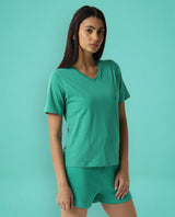 Women's Arvi Green Cotton Blend Fabric Regular Fit Half Sleeves Solid V-Neck Tshirt