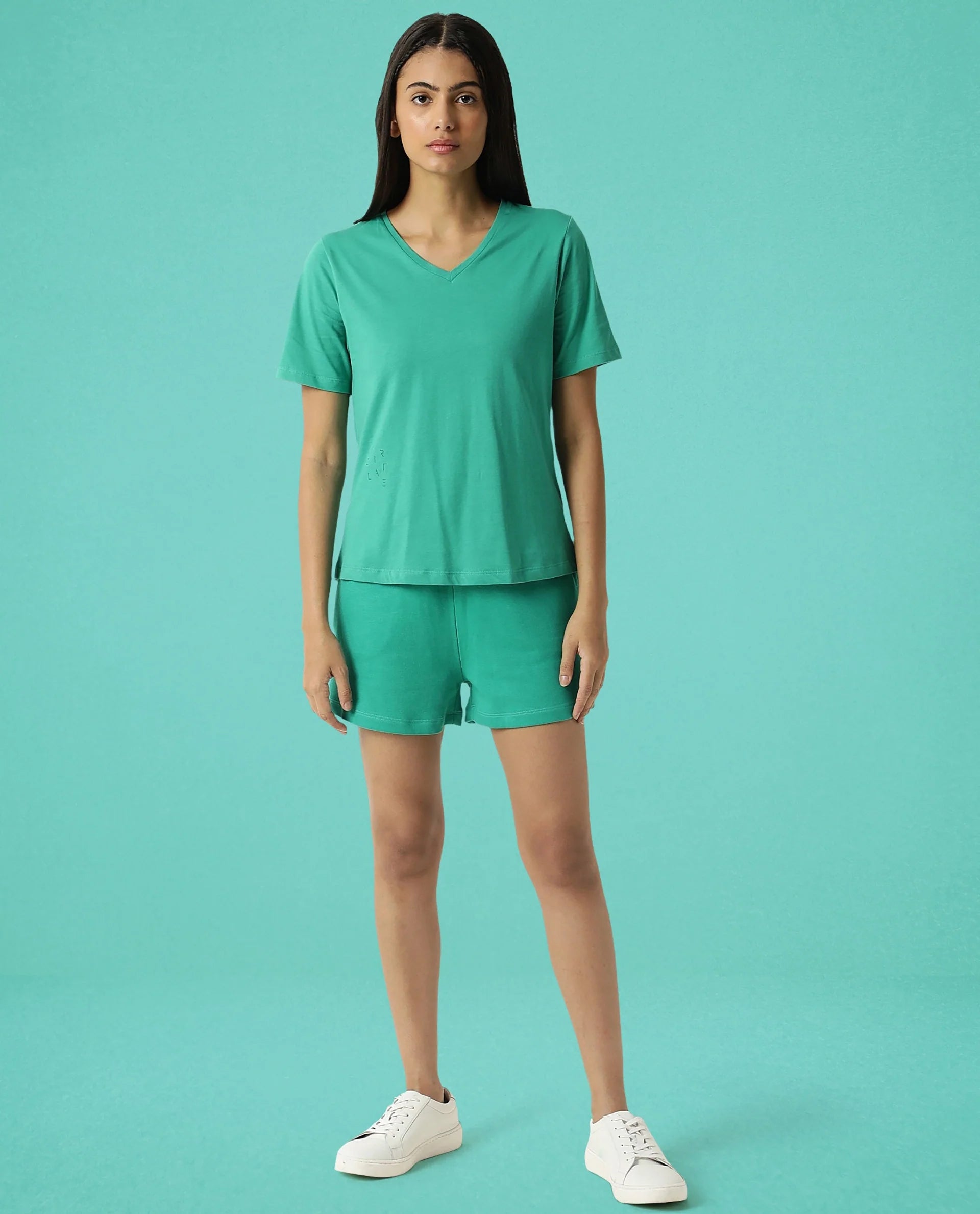 Women's Arvi Green Cotton Blend Fabric Regular Fit Half Sleeves Solid V-Neck Tshirt