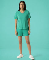Women's Arvi Green Cotton Blend Fabric Regular Fit Half Sleeves Solid V-Neck Tshirt