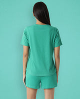 Women's Arvi Green Cotton Blend Fabric Regular Fit Half Sleeves Solid V-Neck Tshirt