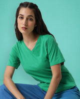 Women's Arvi Green Cotton Blend Fabric Regular Fit Half Sleeves Solid V-Neck Tshirt