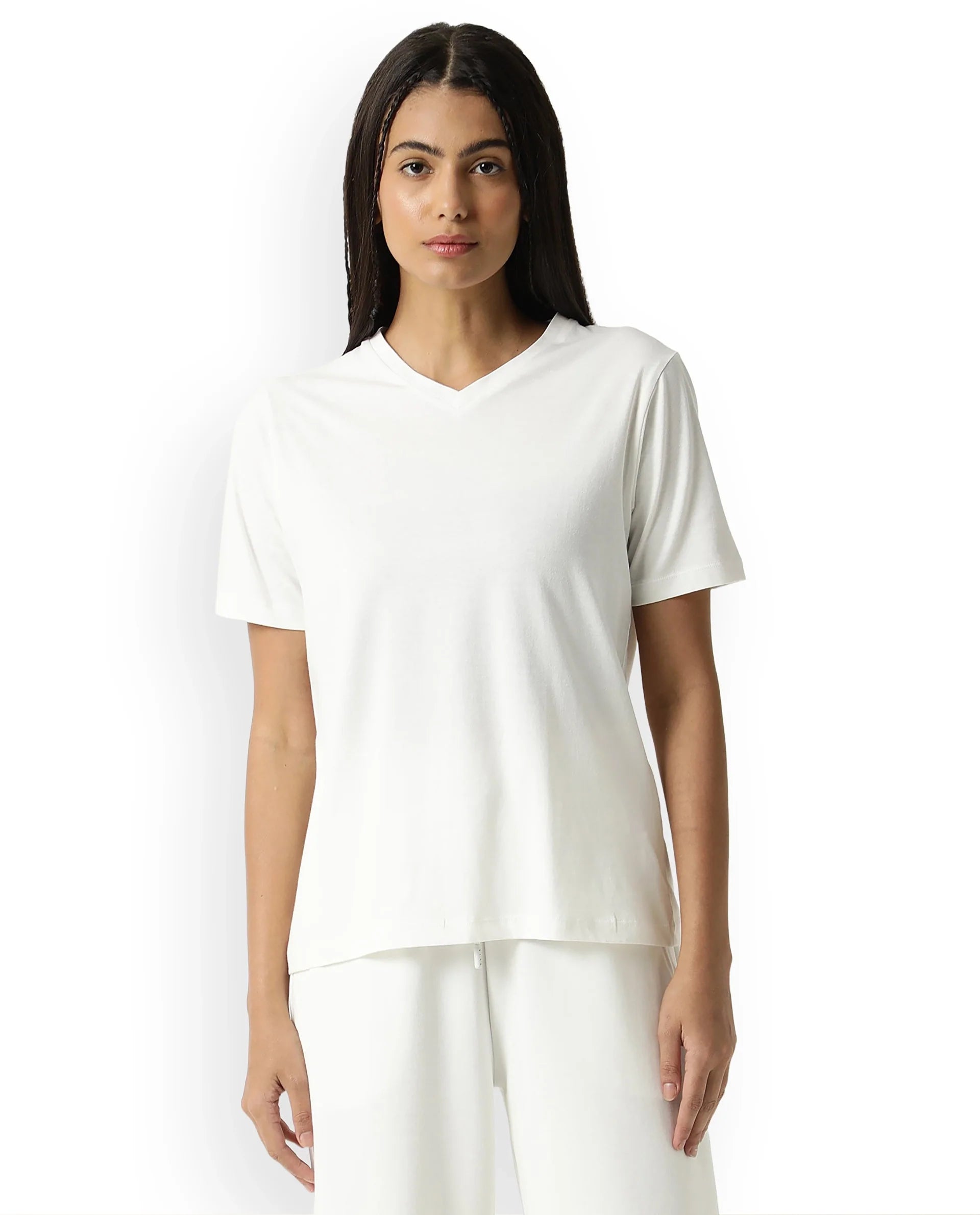 Women's Arvi White Cotton Blend Fabric Regular Fit Half Sleeves Solid V-Neck Tshirt