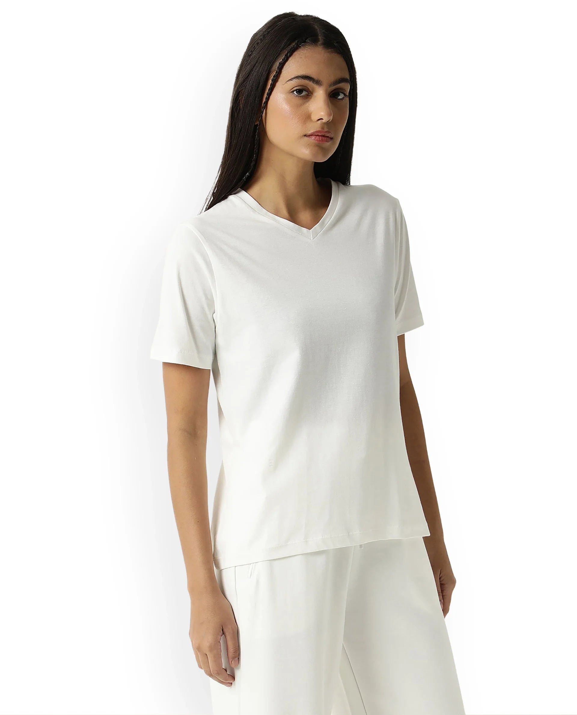 Women's Arvi White Cotton Blend Fabric Regular Fit Half Sleeves Solid V-Neck Tshirt