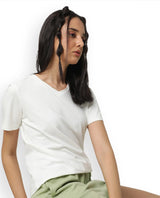 Women's Arvi White Cotton Blend Fabric Regular Fit Half Sleeves Solid V-Neck Tshirt