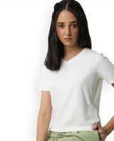 Women's Arvi White Cotton Blend Fabric Regular Fit Half Sleeves Solid V-Neck Tshirt