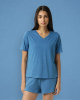 Women's Arvi Blue Cotton Blend Fabric Regular Fit Half Sleeves Solid V-Neck Tshirt