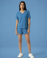 Women's Arvi Blue Cotton Blend Fabric Regular Fit Half Sleeves Solid V-Neck Tshirt