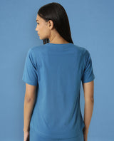 Women's Arvi Blue Cotton Blend Fabric Regular Fit Half Sleeves Solid V-Neck Tshirt