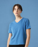 Women's Arvi Blue Cotton Blend Fabric Regular Fit Half Sleeves Solid V-Neck Tshirt