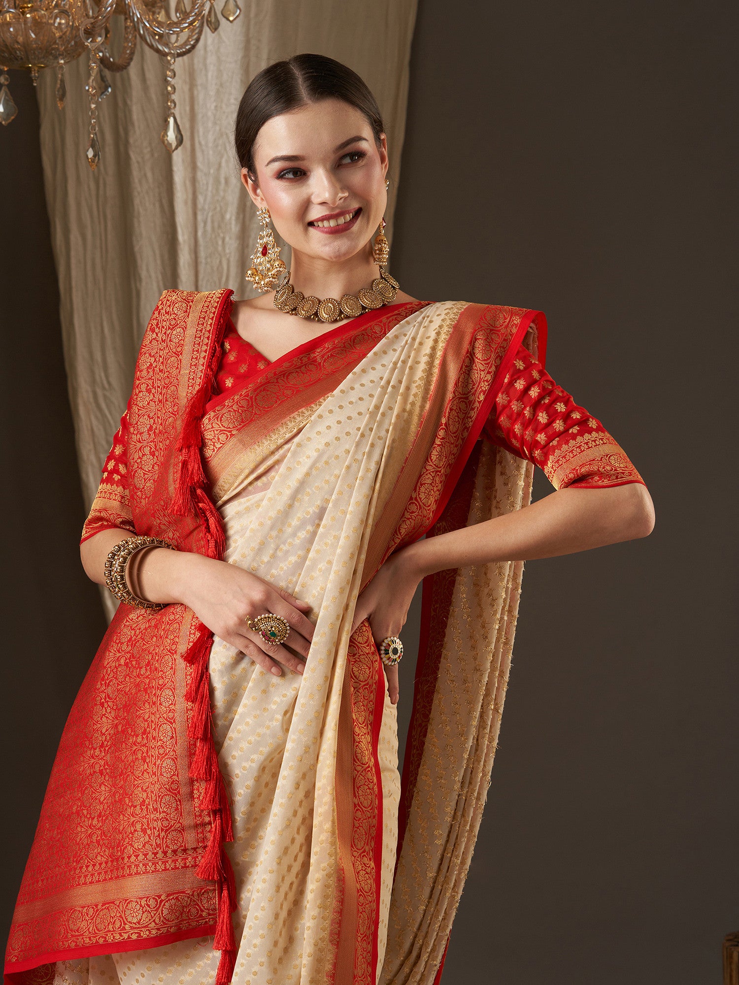 Women's Georgette White Woven Design Designer Saree with Blouse Piece