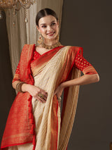 Women's Georgette White Woven Design Designer Saree with Blouse Piece