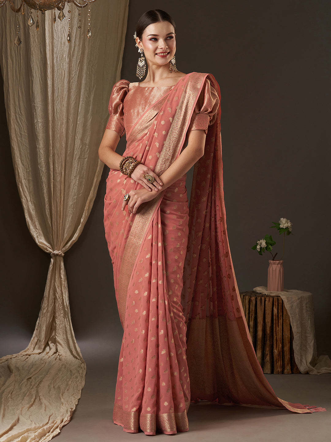Women's Peach Festive Kanjeevaram Saree