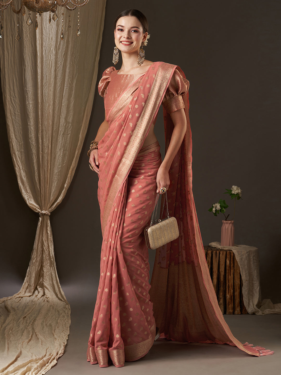 Women's Peach Festive Kanjeevaram Saree