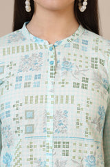 Women's Light Blue Geometric Printed Straight Cotton Blend Kurta and Pants