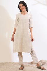 Women's Beige Printed Cotton Blend Straight Kurta and Trousers Set