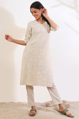 Women's Beige Printed Cotton Blend Straight Kurta and Trousers Set