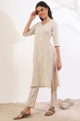 Women's Beige Printed Cotton Blend Straight Kurta and Trousers Set