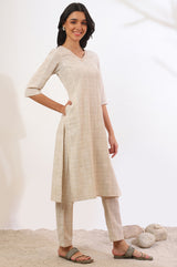 Women's Beige Printed Cotton Blend Straight Kurta and Trousers Set