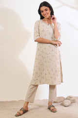 Women's Beige Printed Cotton Blend Straight Kurta and Trousers Set