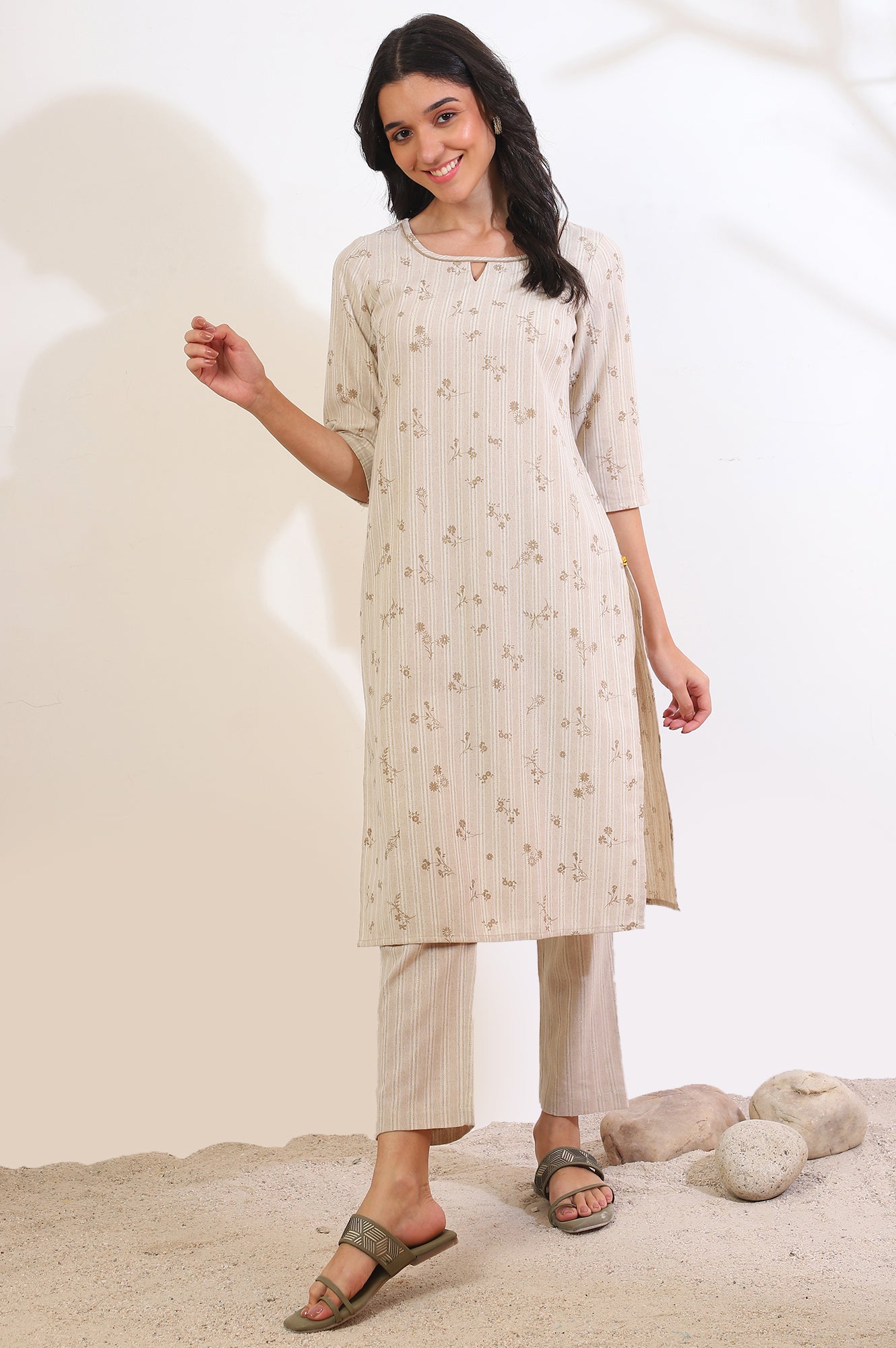 Women's Beige Printed Cotton Blend Straight Kurta and Trousers Set