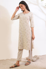 Women's Beige Printed Cotton Blend Straight Kurta and Trousers Set