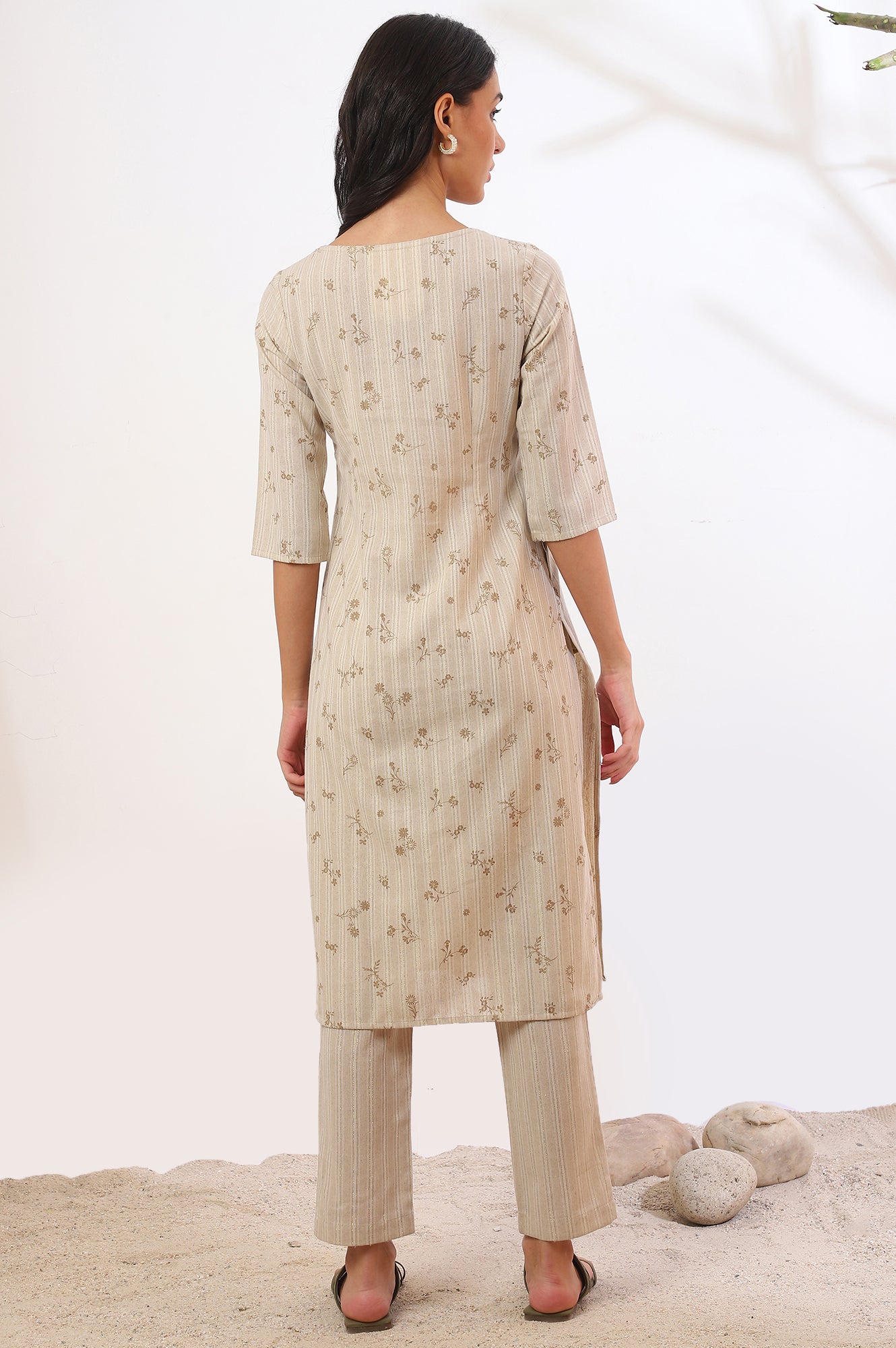 Women's Beige Printed Cotton Blend Straight Kurta and Trousers Set