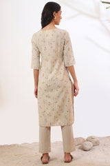 Women's Beige Printed Cotton Blend Straight Kurta and Trousers Set