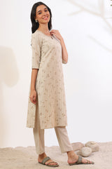 Women's Beige Printed Cotton Blend Straight Kurta and Trousers Set