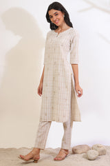Women's Light Beige Printed Floral Straight Cotton Blend Kurta With Trousers