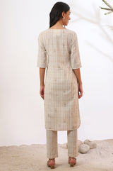 Women's Light Beige Printed Floral Straight Cotton Blend Kurta With Trousers