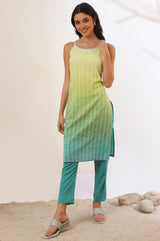 Women's Green Yarn Dyed Beaded Straight Cotton Kurta With Trousers