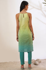 Women's Green Yarn Dyed Beaded Straight Cotton Kurta With Trousers