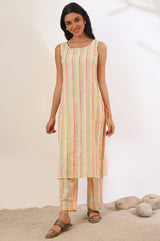 Women's Yellow Striped Yarn Dyed Straight Cotton Blend Kurta and Palazzo