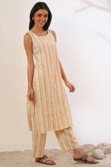 Women's Yellow Striped Yarn Dyed Straight Cotton Blend Kurta and Palazzo