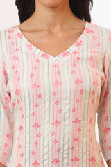 Women's Beige Striped Floral Printed Straight Cotton Blend Kurta With Trousers