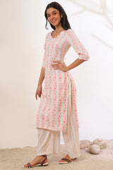 Women's Beige Striped Floral Printed Straight Cotton Blend Kurta With Trousers