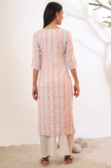 Women's Beige Striped Floral Printed Straight Cotton Blend Kurta With Trousers
