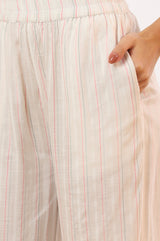 Women's Beige Striped Floral Printed Straight Cotton Blend Kurta With Trousers