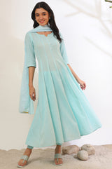 Women's Sky Blue Yarn Dyed Straight Pure Cotton Anarkali with Leggings and Dupatta