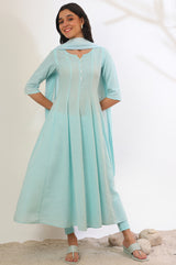Women's Sky Blue Yarn Dyed Straight Pure Cotton Anarkali with Leggings and Dupatta