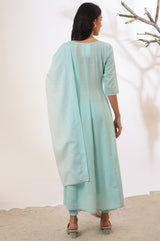 Women's Sky Blue Yarn Dyed Straight Pure Cotton Anarkali with Leggings and Dupatta